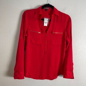 NEW Express Womens XS Red Pullover Blouse Roll Tab Sleeve Shirt Zip Pockets Top
